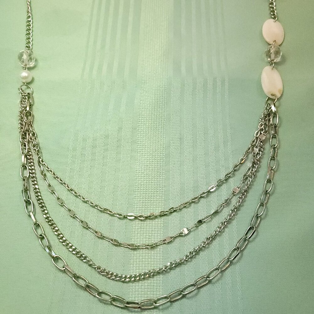 Vintage 4-Strand Silver Tone Statement Necklace 37" - White Shell & Faceted Bead